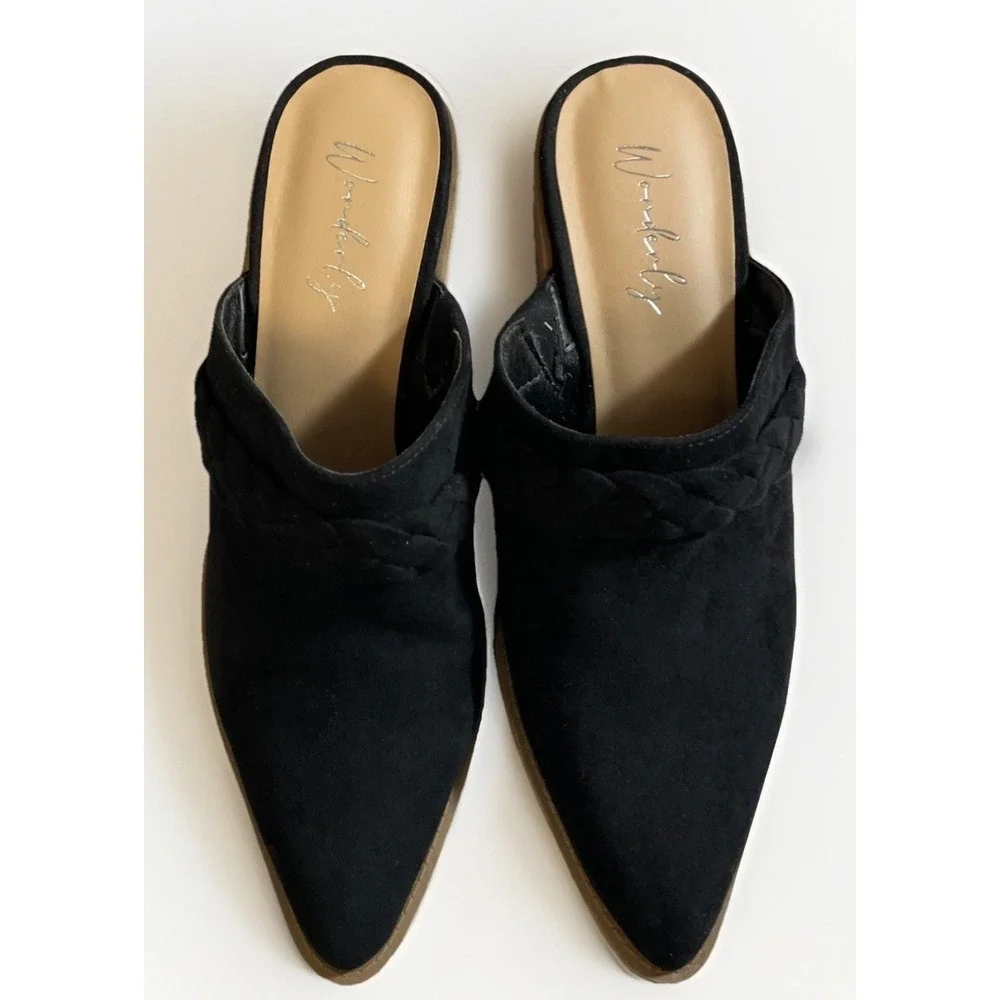 Wonderly Black Faux Suede Lasso Heeled Mules Women's 7.5  M Southwestern Braided - Picture 3 of 10